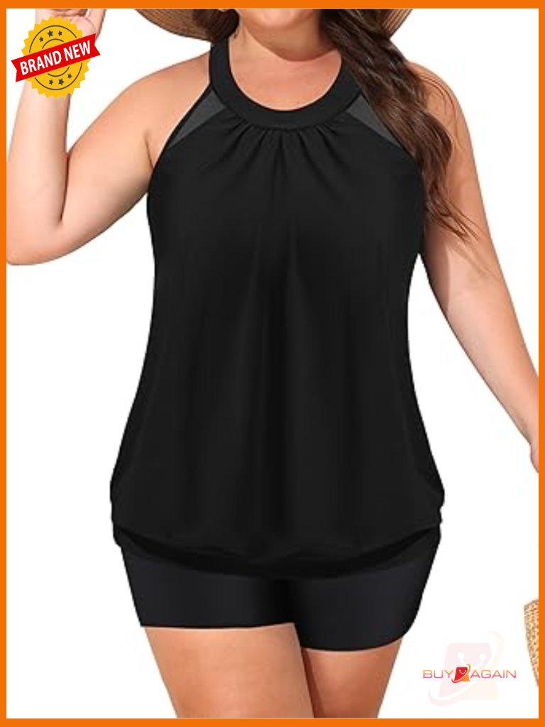 Plus Size Tankini With High Neck And Shorts - Tummy Control 2 Piece Swimsuit